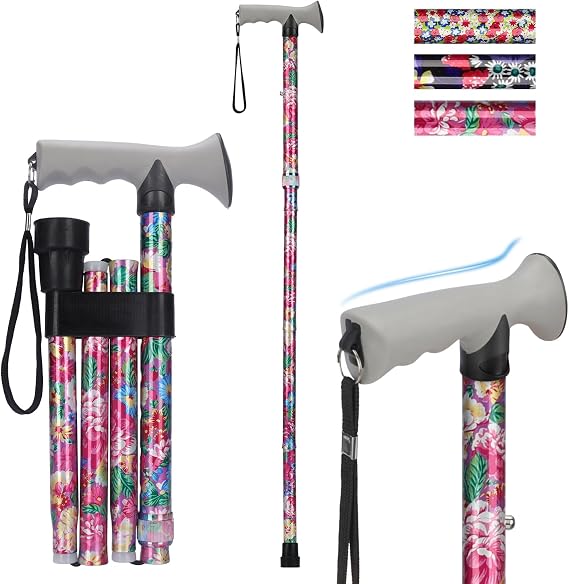 supregear Folding Walking Stick, Adjustable Height Foldable Collapsible Lightweight Portable Travel cane with Soft Handle, Walking Aid for Elderly Disabled Men Women
