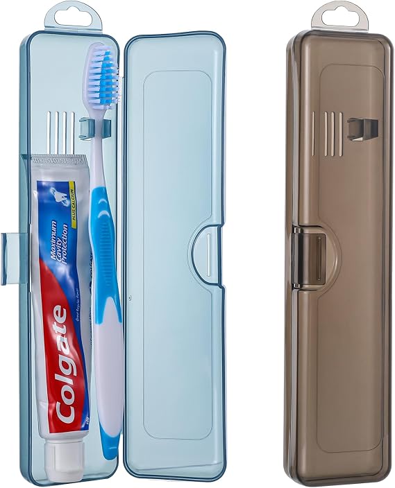 2 Pack Toothbrush Travel Holder, Travel Toothbrush Holder,Portable Plastic Toothbrushes Travels Holders with Secure Seal, 7.9 x 1.8 x 1.1 inches, Gray & Blue