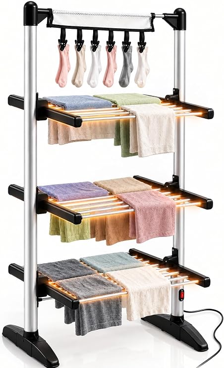 Duronic CA20 BK Electric Heated Clothes Airer, 202W 3 Tier, Foldable, Black