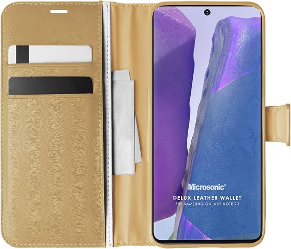 Microsonic Samsung Galaxy Note 20 için Kılıf Delux Leather Wallet Gold [Galaxy Note 20 ile Uyumlu Kılıf - Gold]