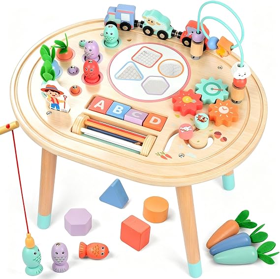 Activity Table for 1+ Year Old, Wooden Montessori Toys Play Table Toddler Sensory Toy for Kids Learning Table with Fishing Game, Train Track, Bead Maze and Shape Sorter, Birthday Gifts for Boys Girls