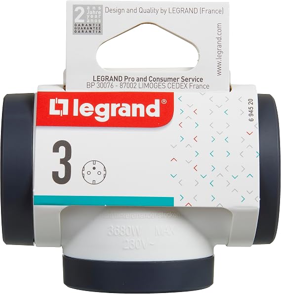 LEGRAND 2P+T Adapters, 3 Side Sockets/Power Sockets, Plug Thief, White/Dark Grey 694520
