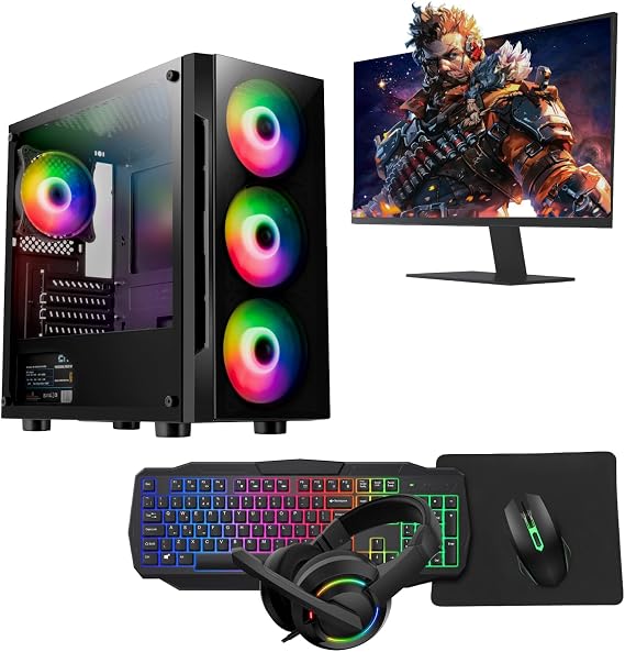 Alpha Gaming PC Bundle – Intel Core i7, GT710 2GB Graphics, 16GB RAM, 1TB HDD + 128GB SSD, 22" Monitor, Keyboard, Mouse, Headset, Windows 11, WiFi – Gaming PC for Daily Use (Black)