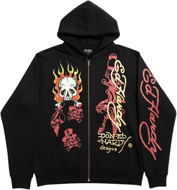 ED HARDY Men's Flame Skull Zip Hoodie in Black EHMR1301-12