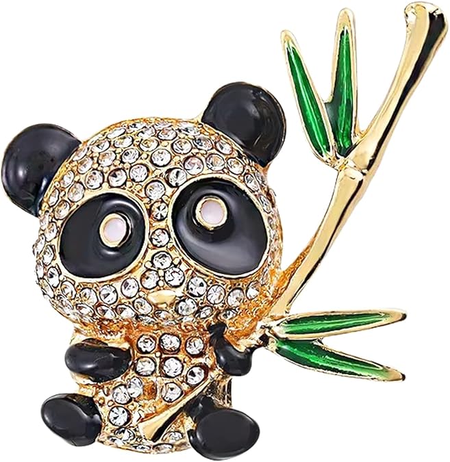 Panda ve Bambu Broş – Işıltılı Kristal ve Mine Detaylı Hayvan Broşu – Sevimli ve Eğlenceli Takı