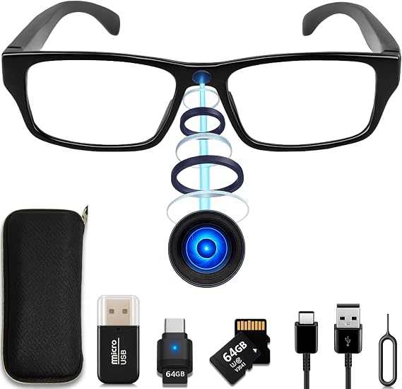 Mini Hidden Spy Camera, Camouflage, Glasses with Camera Without Lens Hole, Full Pack (MicroSD 64GB C10 + Reader + OTG Type-C to View on Mobile + Case), No Record Light, Loop Recording.