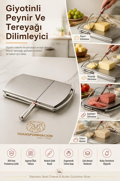 Transformacion Giyotin Peynir Dilimleyici Izgaralı Sabun Kesici Manuel Şarküteri Tereyağı Salam Dilimleme Aparatı Paslanmaz Çelik 304 İnox 723423