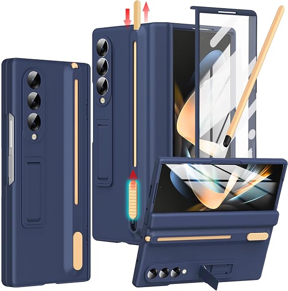 Samsung Galaxy Z Fold 4ケース Sペンホルダー&スリムスタイラス付き、Zフォールド4ペンホルダーケース、キックスタンド付きZフォールド4ヒンジカバーフルカバースクリーンプロテクタースタンドケース Zフォールド4ダークブルー