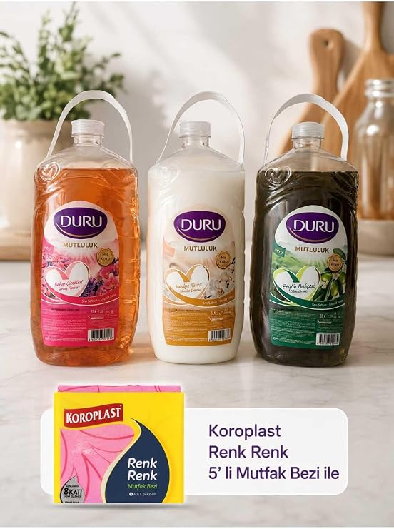 Duru Mutluluk Serisi 3'lü Set, 3 Litre, Değerli Çiçekler-Vanilya-Zeytinyağlı, Sıvı Sabun