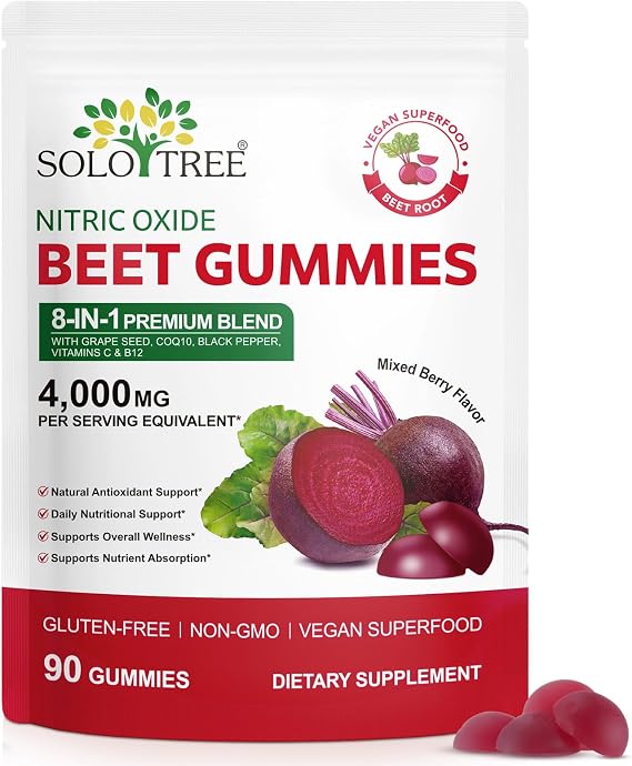 Beetroot Gummies 200mg 20:1 Extract | 8-in-1 NO Boost, CoQ10, L-Arginine, L-Citrulline | Sugar-Free Vegan Gummies 4000mg for Circulation, Energy & Heart Support | Mixed Berry, 90 Gummies