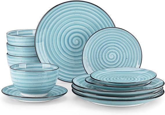 vancasso Bonbon Dinner Set, 12-Pieces Dinner Set for 4, Double-Sided Handpainted Swirls Plates and Bowls Set, Include Dinner Plates, Dessert Plates and Cereal Bowl, Blue