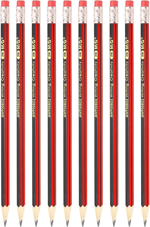 M&G Wooden Hexagonal Pencils, 10 Pcs 2B with Eraser, Red Black