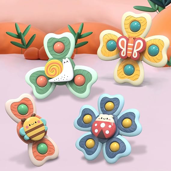 Suction Cup Toy Baby Pack of 4 BPA-Free Silicone Spinner Baby from 3 Months
