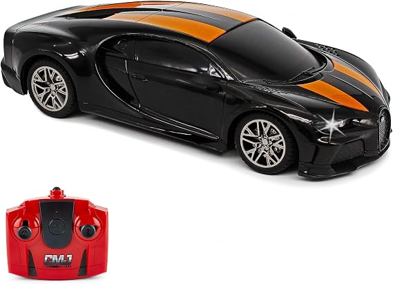 CMJ RC Cars Bugatti Chiron Officially Licensed Remote Control Car 1:24 Scale Working Lights 2.4Ghz (Black/Orange)