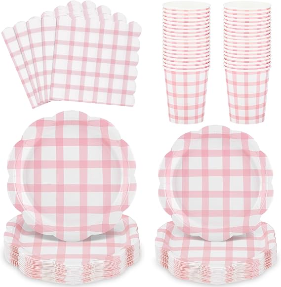 96 Pcs Pink Gingham Paper Plates and Napkins Party Supplies Serve 24