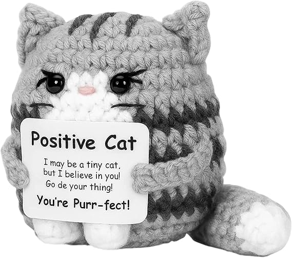 Emotional Support Gift, Positive Cat, Positive Crochet Animals, Handmade Emotional Support Plush for Desk Decoration and Encouragement