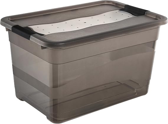 keeeper Storage Box with Lid and Sliding Closing Mechanism, 52 L, Transparent, Crystal Grey