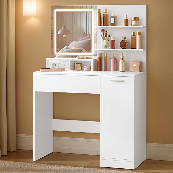 VASAGLE Dressing Table with Mirror, 1 Drawer, Cabinet