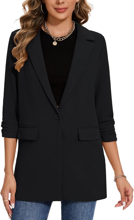 3/4 Sleeve Mid Length Blazer for Women Notch Lapel Long Jacket Coat Blazers