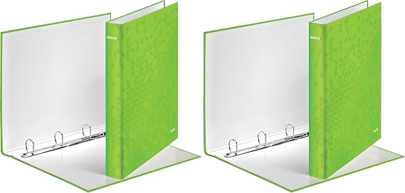 Leitz A4 4 Ring Binder, Holds up to 230 Sheets, Wow Range, 25 mm Spine, Green, 42420054 (Pack of 2)