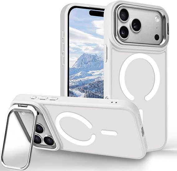 iPhone 18 Pro Max/17 Pro Max用 マグネットケース キックスタンド付き MagSafe対応 カメラリングスタンド内蔵 マットフロスト スリムフィット TPU 指紋防止 耐衝撃カバー 半透明ホワイト