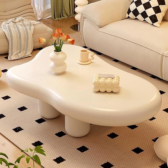 Modern Cream White Cloud-Sd Coffee Table - Low Floor Center Table with 3 Legs for Living Room Balcony & Home Decor - Cute Small Accent Fur