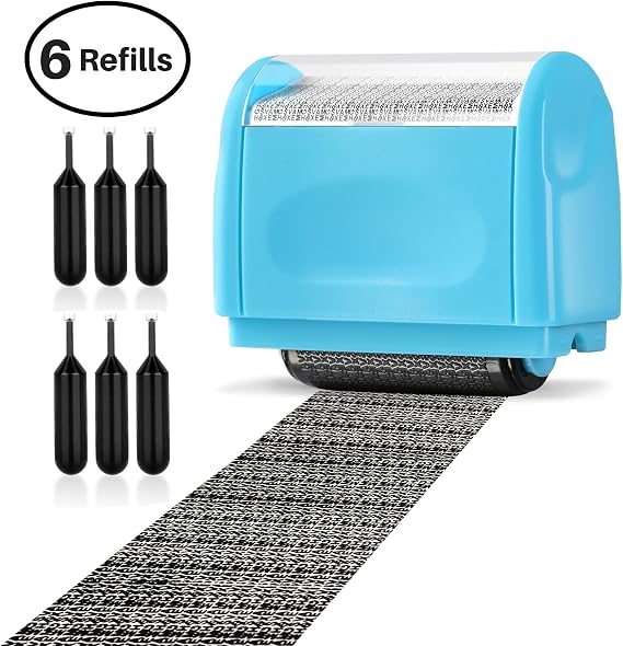 Address Blocker Stamp,Lindastas Wide Roller Stamp,Including 3-Pack Refills Confidential Roller Stamp, Data Defender Anti Theft and Privacy Safety (Blue Stamp + 6 Refills) (ASL-12)