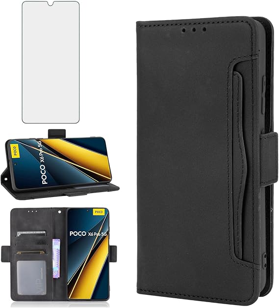 Compatible with Xiaomi Poco X6 Pro 5G/Redmi K70E 5G Wallet Case and Tempered Glass Screen Protector Card Holder Stand Leather Flip Cell Accessories Phone Cover for PocoX6 X6Pro Women Men Black