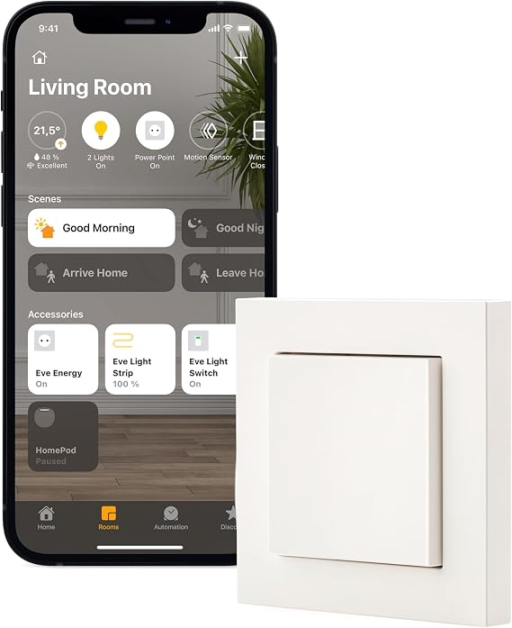 Eve Light Switch, Smart Light Switch (Apple HomeKit), Single Switch & Alternating & Cross Switch, Compatible with Multiple Switches, Schedule, Customisable Design, No Bridge Needed, Bluetooth/Thread
