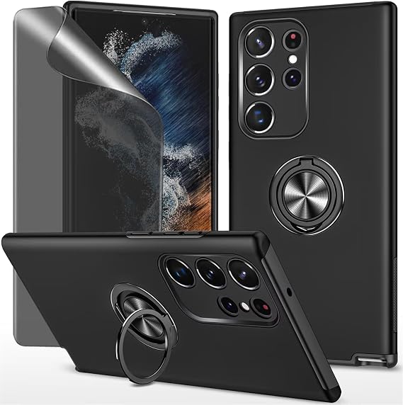 Privacy Screen Case for Samsung Galaxy S23 Ultra 5G Black Mobile Phone Case with Anti-Spying Tempered Glass Screen Protector with Ring Holder Shockproof Scratch-Resistant Durable Protective