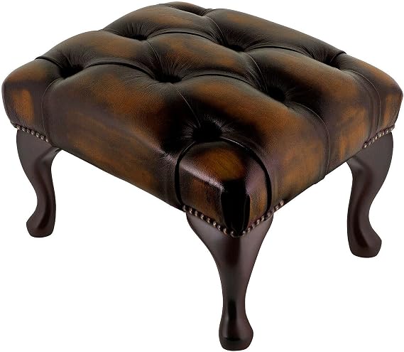 Beaumont Heritage Chesterfield Footstool | 100% Genuine Antique Brown Leather Ottoman Pouffe | Handmade UK Furniture with Queen Anne Mahogany Legs | Classic Chesterfield Stool & Foot Rest