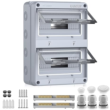 Kamtop Surface-Mounted Distribution Box IP65 Fuse Box Surface-Mounted 2 Rows 24 Modules Small Distribution Box with 5 Terminals 7 Connectors for Outdoors Garden Farm Shop