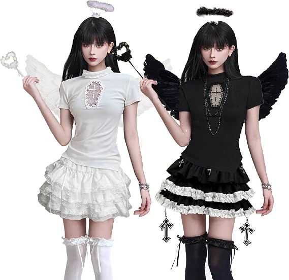 Deluxe 5-Piece Full Set Devil Angel Halloween Cosplay Twin Outfit Adult Cute Black and White Wings Dress Matching Costume Event Party Culture Festival Wedding