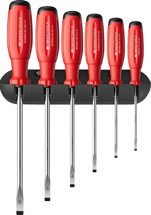 PB Swiss Tools Slotted Screwdriver Set PB 38240.CBB | 100% Swiss Made | 6-Piece SwissGrip Evo Screwdriver Set Size 1-6 Including Wall Bracket
