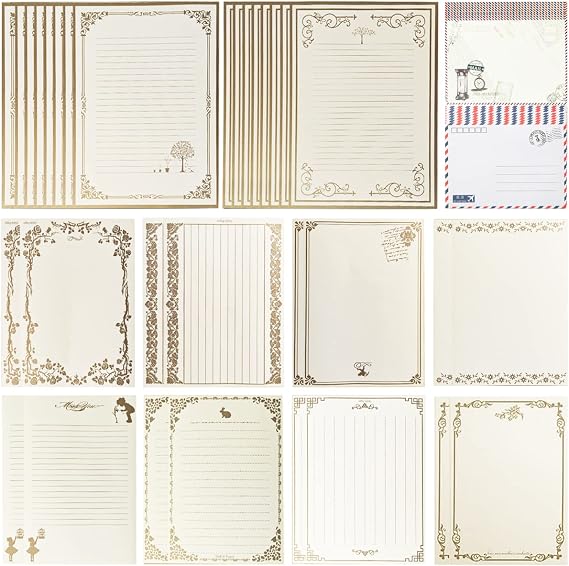 32 Sheets Stationery Paper with 16 Pcs Envelopes, Vintage Style Kraft Paper Letter Paper with Gift Envelopes, Antique Multiple Patterns Writing Paper for Letters Party Invitations (White)