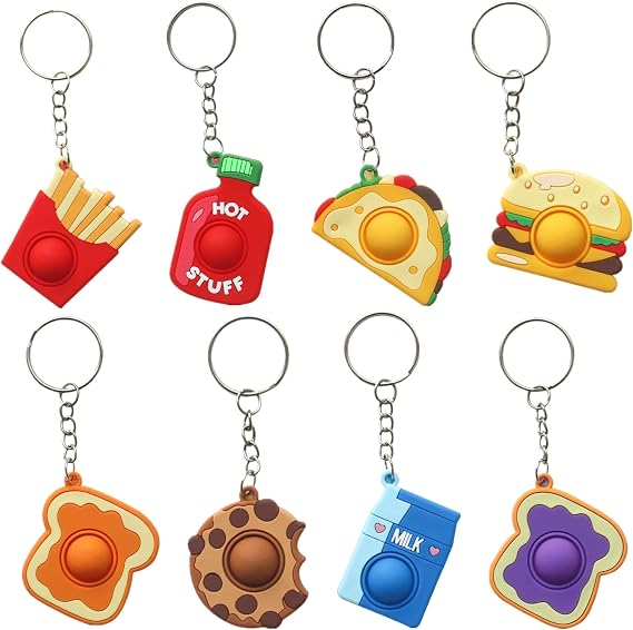 8 Pcs Fidget Keyring, Snack Mini Pop Keychain, Hamburger keychain