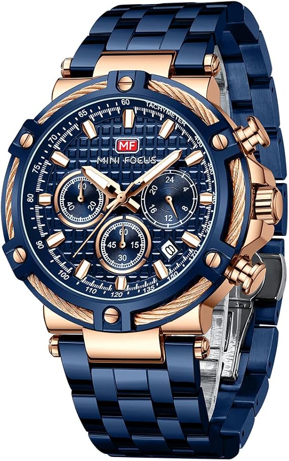 MF MINI Focus Business Men Watches (Chronograph/Waterproof/Luminous/Calendar/24 Hours) Big Face Stainless Steel Band Watches for Men