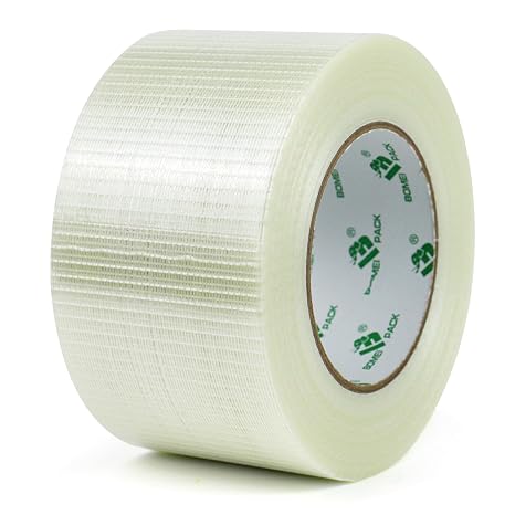 BOMEI PACK Crossweave Reinforced Tape 1 roll 75mm x 50m Strong 170mic thickness Clear Bi-Directional Filament Strapping Fiberglass Reinforced Heavy Duty Bundling Tape