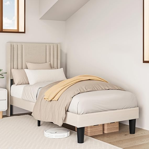 Bealife Upholstered Bed Frame with Headboard 90 x 200 cm, Platform Bed Frame, Wooden Slats, Easy Assembly, (Beige)