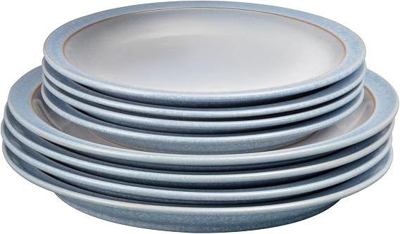 Denby - Elements Dinner & Lunch Plate 8 Piece Set - Blue Glaze, Dishwasher Safe 4 x Medium & Large Plates - Microwave & Oven Proof Stoneware Lunch & Dinner Dishes - Chip Resistant for Everyday Use