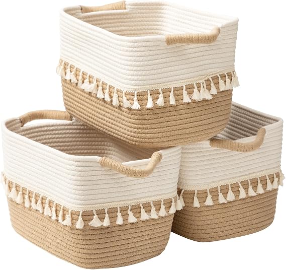 TeoKJ Woven Storage Baskets Set of 3 – Woven Basket for Clothes, Toys, Blankets, Towel, Books – Woven Basket, Decorative Fabric Storage Boxes, 15"x10"x9", White & Jute