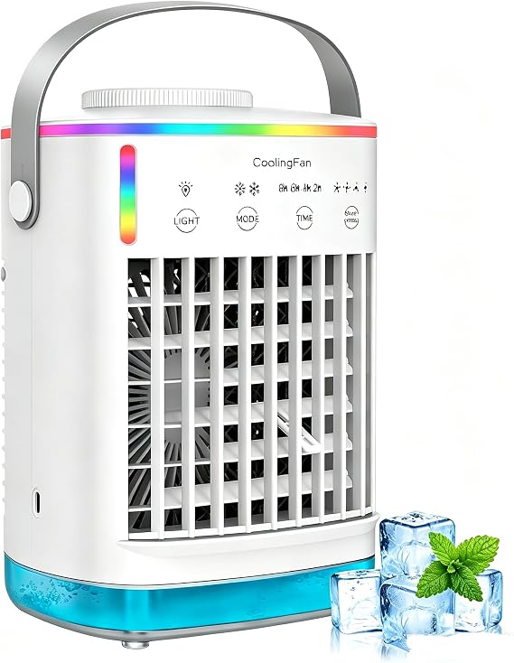 Portable Air Conditioner Fan,4-in-1 Mobile Cooler Fan with 4 Wind Speeds & Cool Mist,Timed function Modes,7 Color Night Light,Evaporative Air Cooler suitable for Home, Office,Bedrooms,Trave