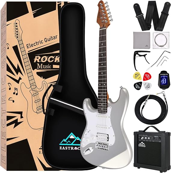 Eastrock 39 inch Full-Size Electric Guitar Kit for Junior Beginners, Starter Electric Guitar with 10w Amplifier Bag Capo Shoulder Strap String (Gray, 39" Left Handed)