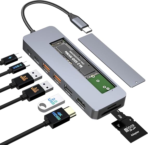 USB C Docking Station with M.2 NVMe SSD Enclosure 10Gbps, 9 in 1 USB-C Hub, Type C SSD Slot with 4K@60Hz HDMI, USB 3.2 Gen2, PD100W, SD/TF Card Reader, Laptop Docking Station for Dell/HP/Lenovo/Mac