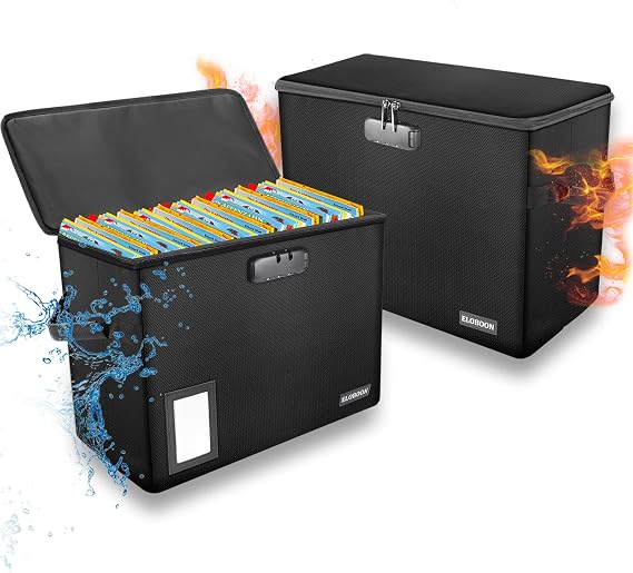 2 Pack Comic Book Storage Box, ELOBOON Fireproof & Water-Resistant Comic Book Box with Lock and Label Window, Moistureproof Comic Short Box with Fire Zipper, Comic Book Bin with Non-Slip Bottom, Black