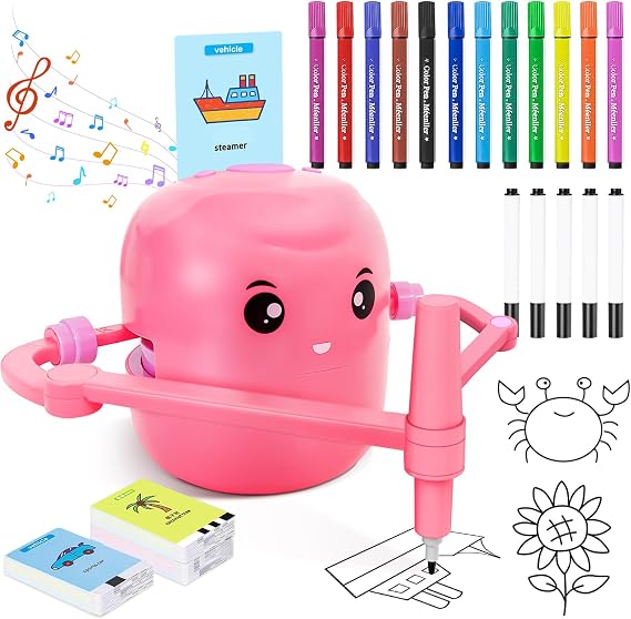 Drawing Robot for Kids with 150 Learning Cards & 17 Colorful Pens, Voice Interactive Educational Smart Art Painting Machine, Step-by-Step Drawing for Boys Girls Early Learning & STEM Toys (Pink)