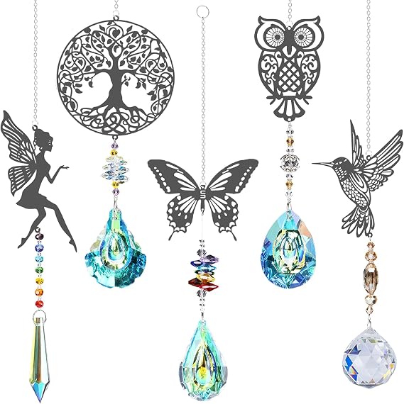 Crystal Hanging Suncatcher Pack of 5 Tree, Owl, Hummingbird, Butterfly and Fairy Wind Catcher Decoration for Windows Garden and Bells