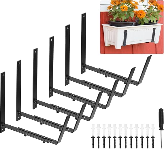 sourcing map Adjustable Window Planter Box Brackets Universal Window Box Holder, Iron Flower Box Wall Mounting Hooks for Balcony, Fences, Patio, and Garden (6 PCS)
