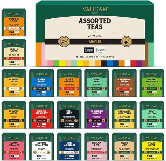 VAHDAM, Assorted Tea Sampler (20 Delicious Variety, 40 Individually Wrapped Pyramid Teabags) Long Leaf Premium Teas I Tea Gift Set I Gift Ideas for Lovers | Gifts for Him/Her