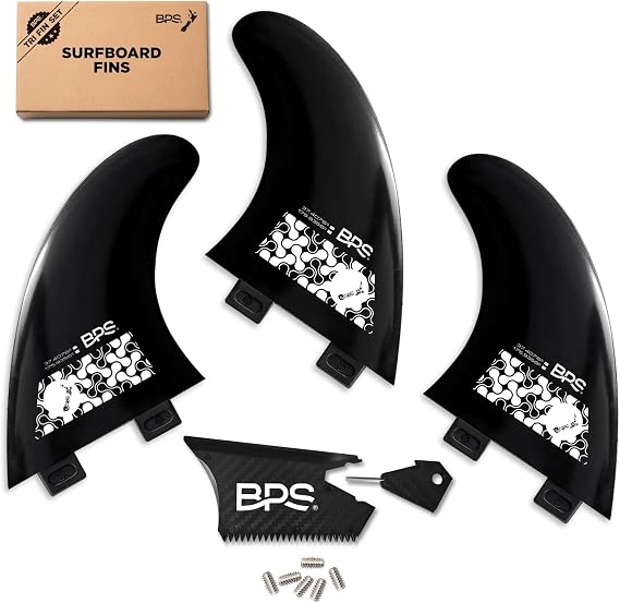 BPS Fiberglass Reinforced Surboard Fins - 3 Thruster Fins Set (FCS G5 M5 Style) Future Fins,  with FCS Screws and Hex Key